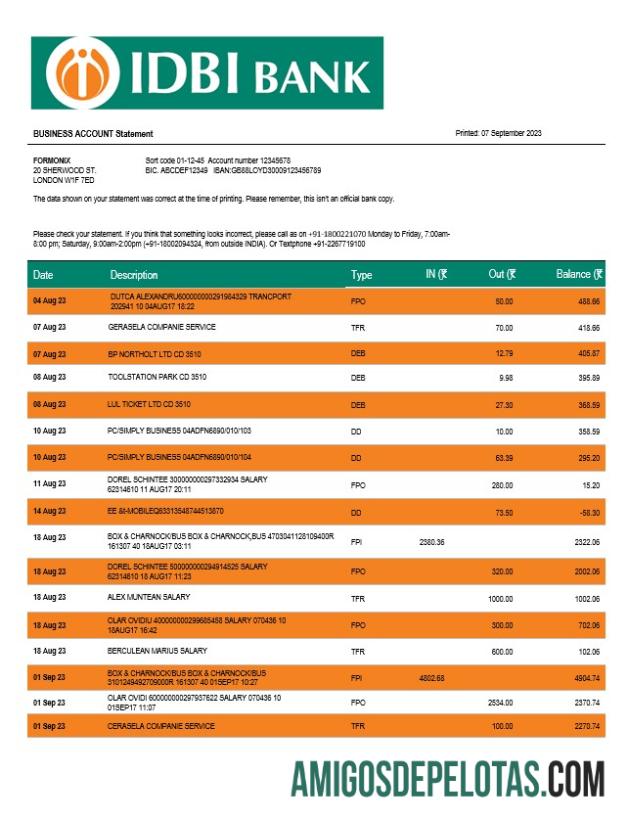 Imprimível IDBI Bank Enterprise modelo de extrato de conta Word e PDF